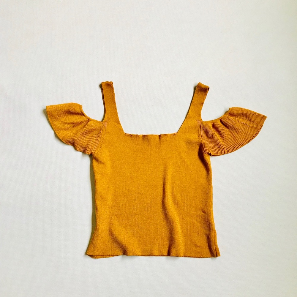Topshop Crop Top Women size 6 Mustard Cold Shoulder Drape Sleeve Stretch Shirt